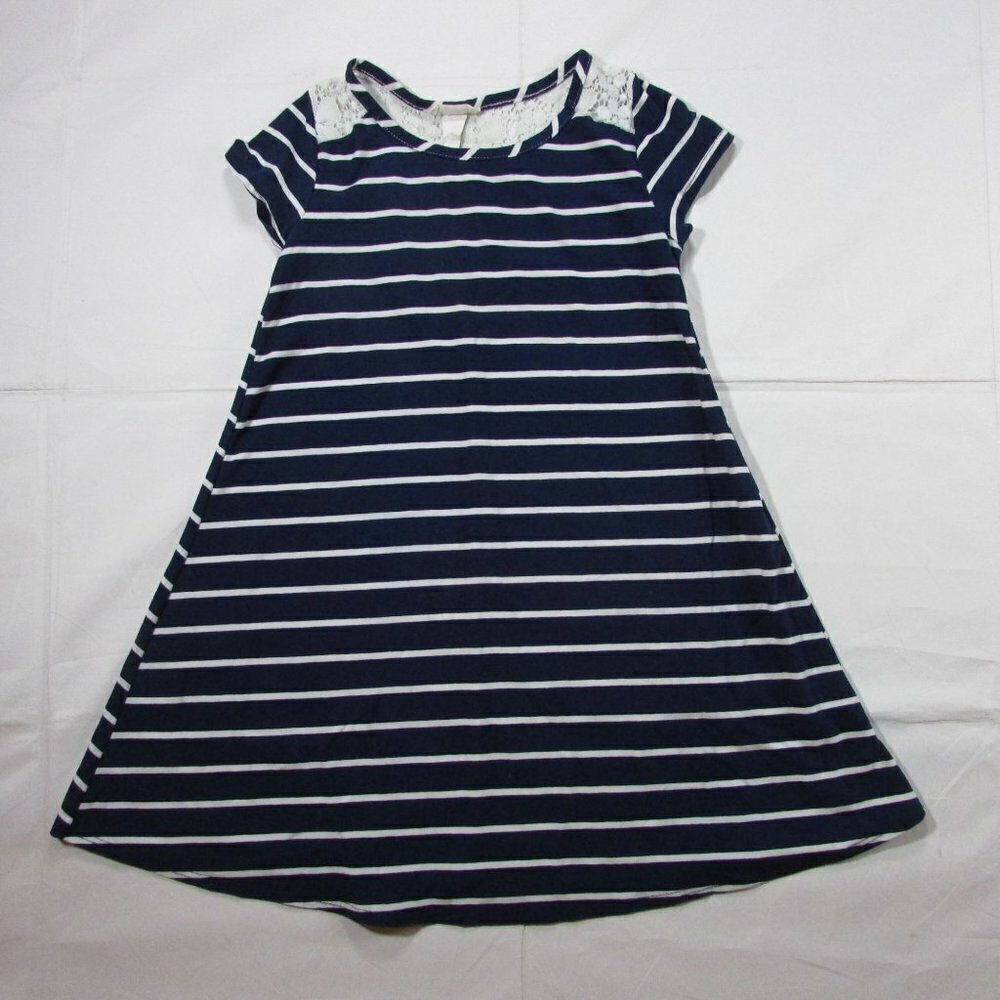 btween Girl's Medium Navy Striped Cap Sleeve Dress
